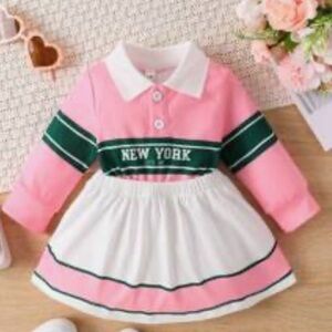 Pink and White Baby Dress with Green Stripes